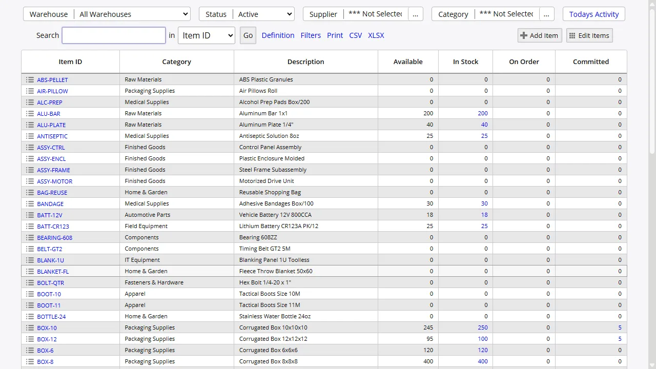Panel de control de inventario en tiempo real de Inventory Pro mostrando cantidades disponibles en multiples almacenes
