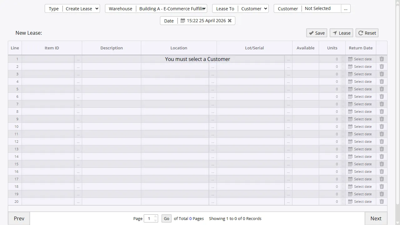 Pantalla de prestamo de Inventory Pro con selección de articulos, asignacion de empleado y campos de almacen