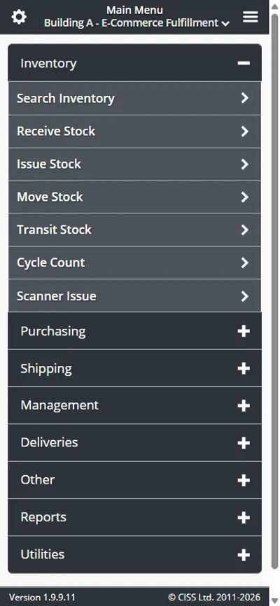 Aplicación móvil de Inventory Pro mostrando el menú principal con operaciones de inventario, conteos cíclicos y procesamiento de pedidos