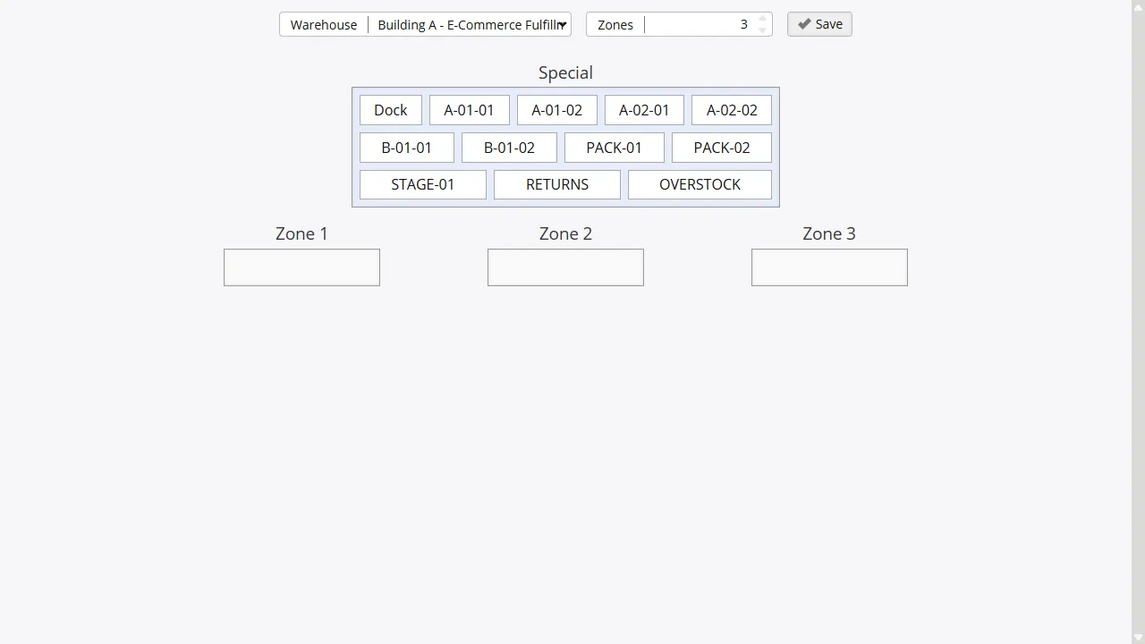 Plano de planta del almacen con zonas, pasillos y ubicaciones de bin para optimización de rutas de picking